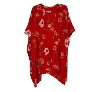 Loft women’s Red-orange floral kimono Top short sleeve Size M/L Open Front